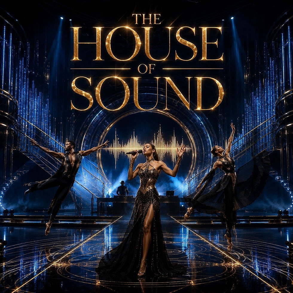 The House of Sound musicians performing on a blue stage. DJ