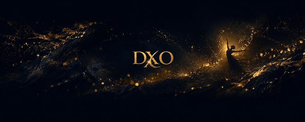 DXO logo with a cirque dancer in a golden light production