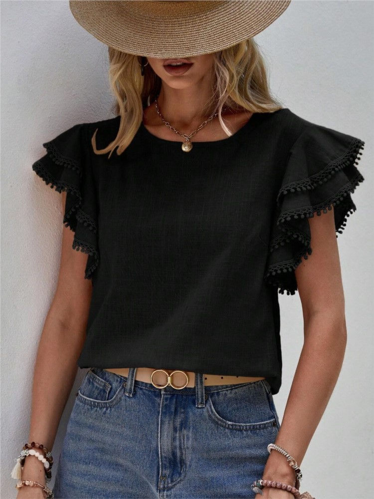 Miniatura: Khaki Casual Slim Blouses For Women Fashion Summer O-neck Butterfly Sleeve Vinta