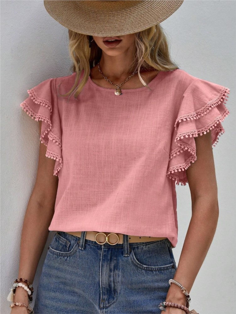 Miniatura: Khaki Casual Slim Blouses For Women Fashion Summer O-neck Butterfly Sleeve Vinta