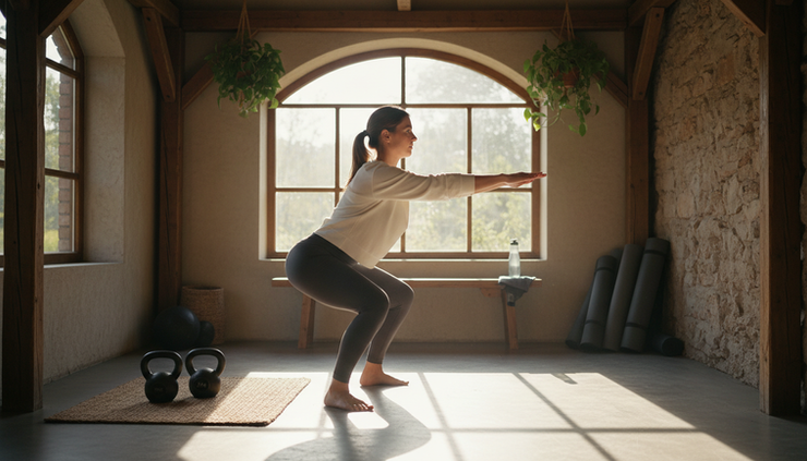 Eye-level view of a person warming up slowly in a calm gym space
