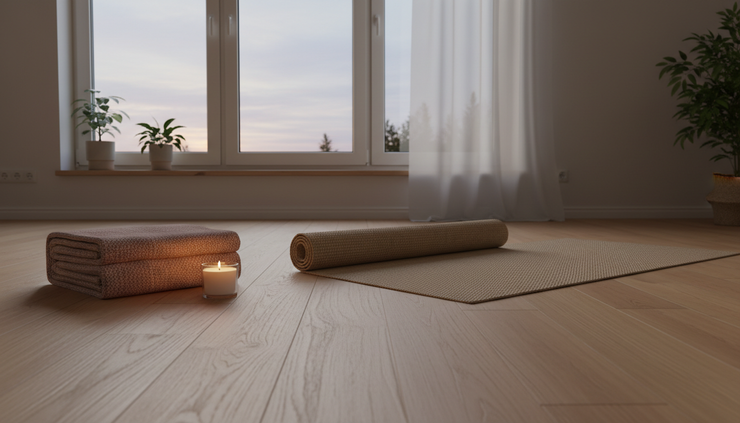 Close-up of a yoga mat laid out beside a softly lit window