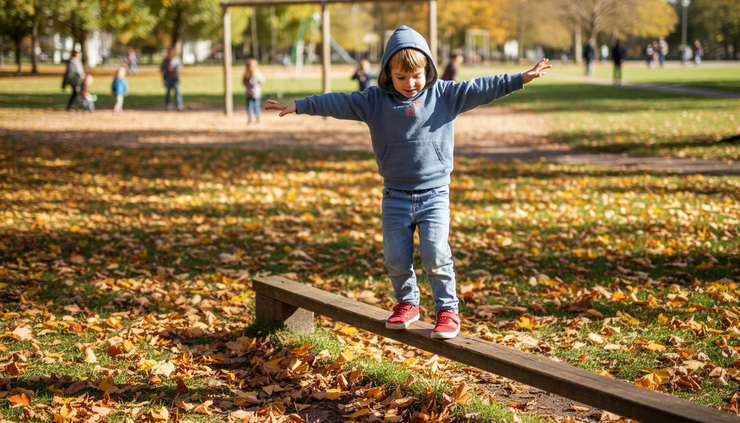 Eye-level view of a child balancing on a low wooden beam.