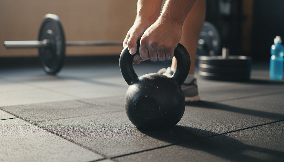 Close-up of hands placing a kettlebell down after a controlled set