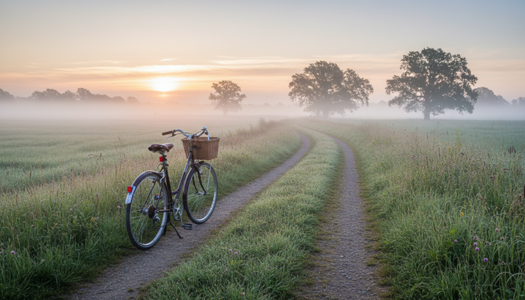 Eye-level view of a bicycle resting on a quiet path at dawn