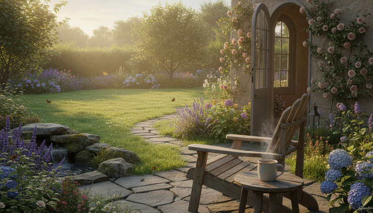 Wide-angle view of a sunrise over a quiet garden