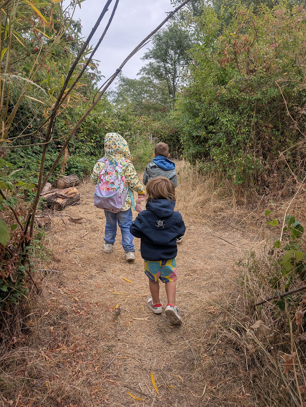 Wide-angle view of a family walking and playing in an open green park.