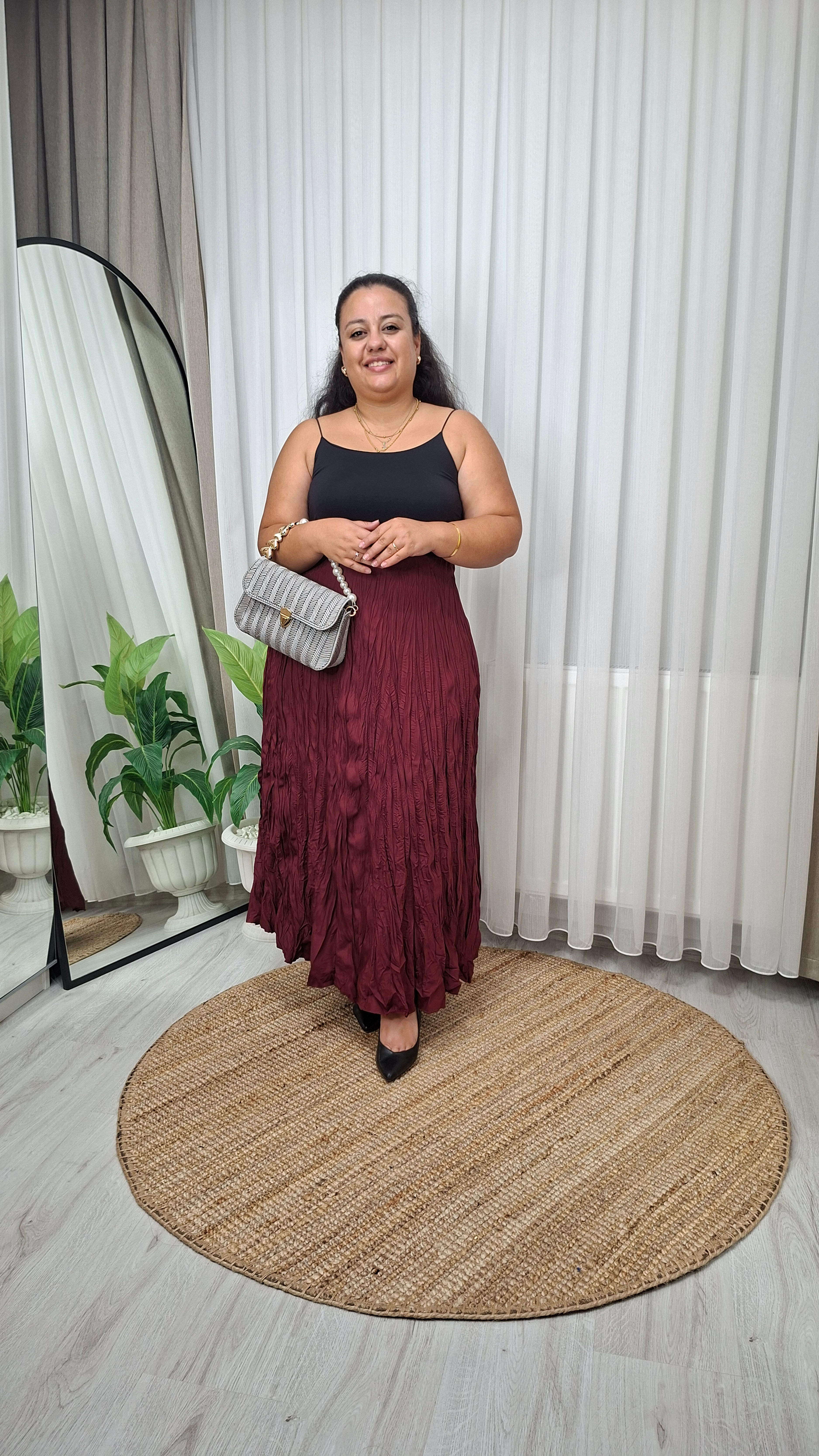 Voya Crush Kırışık Bordo Etek