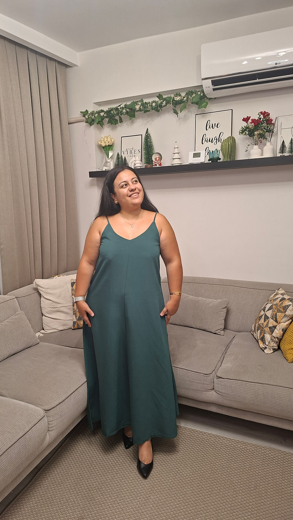 Zümrüt Yeşili Tensel Askılı Elbise