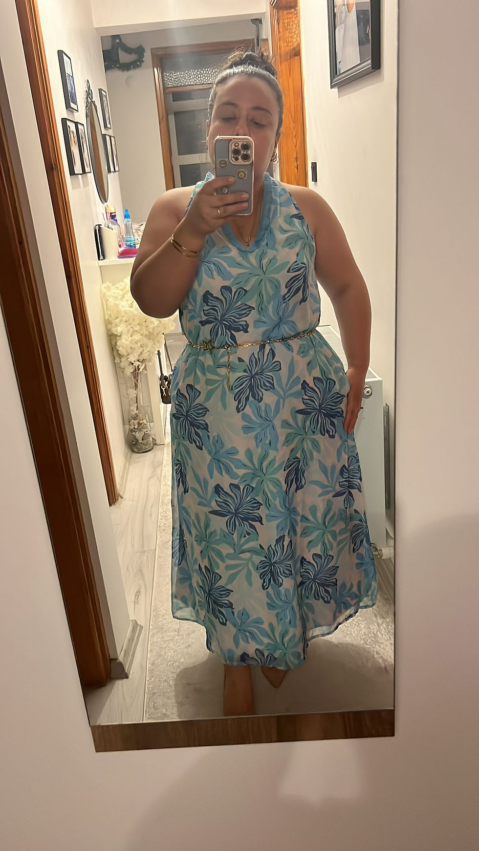 Mavi Çiçekli Şifon Elbise