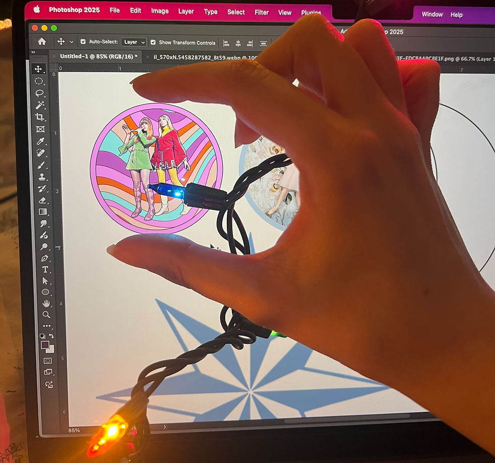 computer screen showing the graphic i'm using which is of pattie and jenny boyd posing for karl ferris in fashions he designed, with the famous boyd sandals being worn by jenny by dollierocker