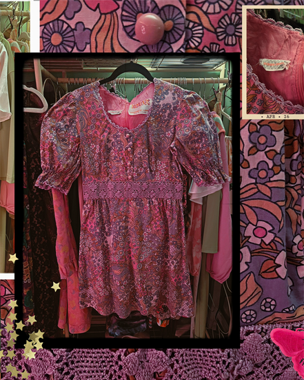 light purple ditzsy floral dress that's been shortened to a mini, with puff sleeves and crochet lilac lace wide trim around the natural waist. pink underlayer and the iconic dollyrockers label