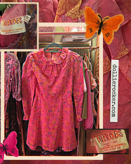 hot pink long sleeved mini dress with puffs on the sholders and ruffled front, 60s printed fabric