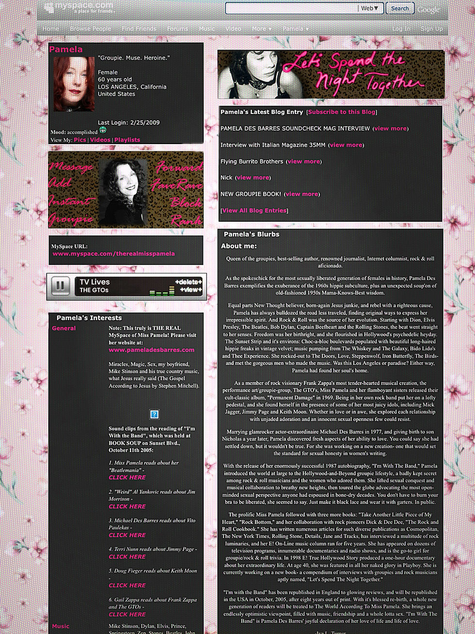 screen shot of pamela des barres myspace page that i designed for her.