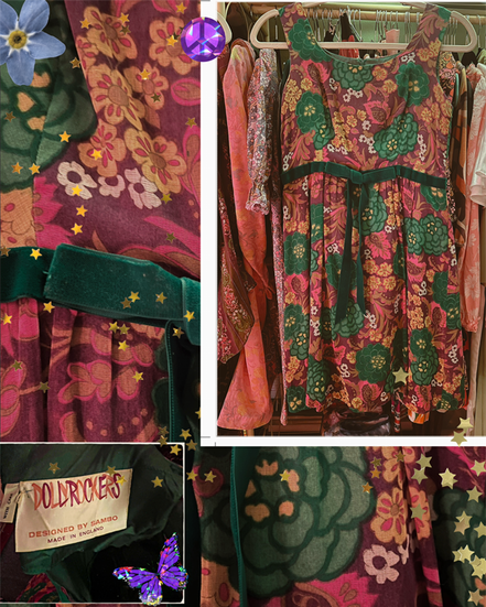 a green 60s print skater dress with green velveteen ribbon trim around the natural waste. midcentury cut and groovy floral print with pink purple and gold colors