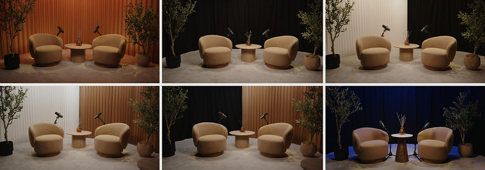 Six views of a cozy podcast set with two beige chairs, small table, microphones, and potted plants against changing backdrops.