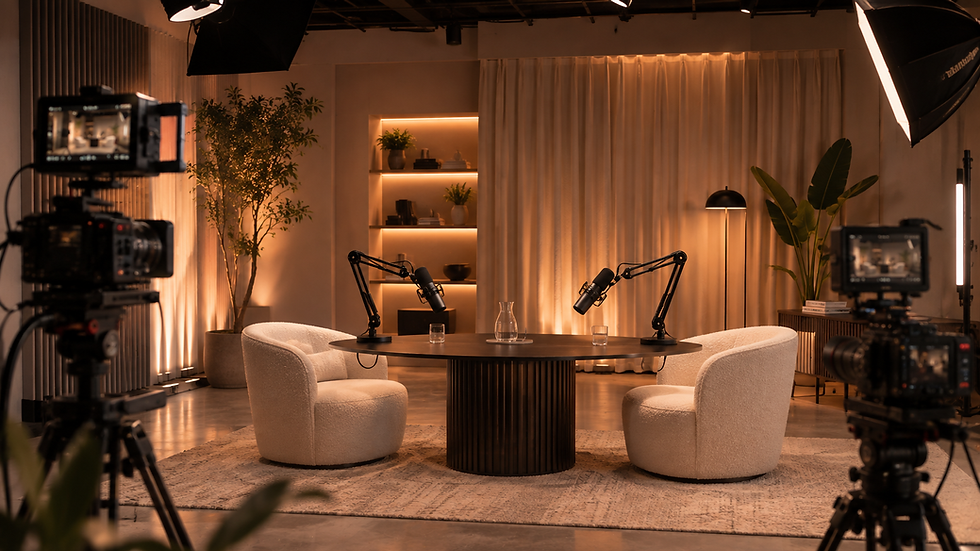 Podcast studio set in Hollywood with two armchairs, boom mics, and warm fluted backdrop at Goldmine Podcast Studio Los Angeles