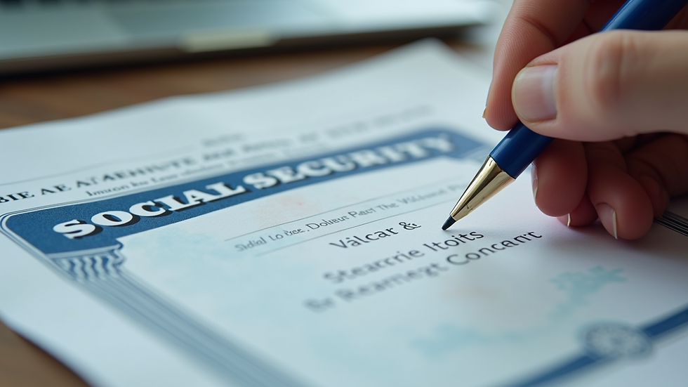 High angle view of a person reviewing Social Security documents with a pen