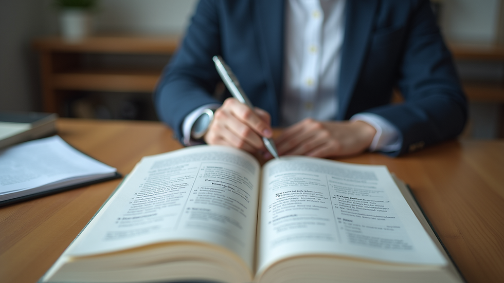 Eye-level view of a person reading a federal benefits book on a desk
