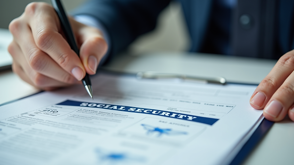 Close-up view of a person reviewing Social Security documents with a pen