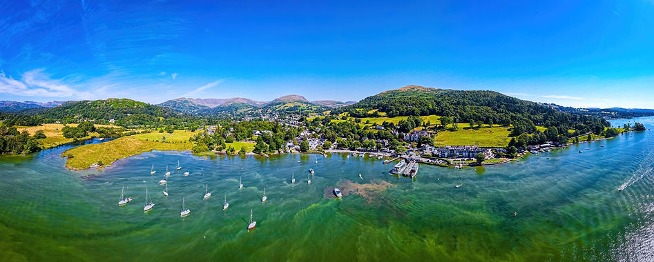 Aerial view of Waterhead and Ambleside in Lake District, a region and national park in Cum