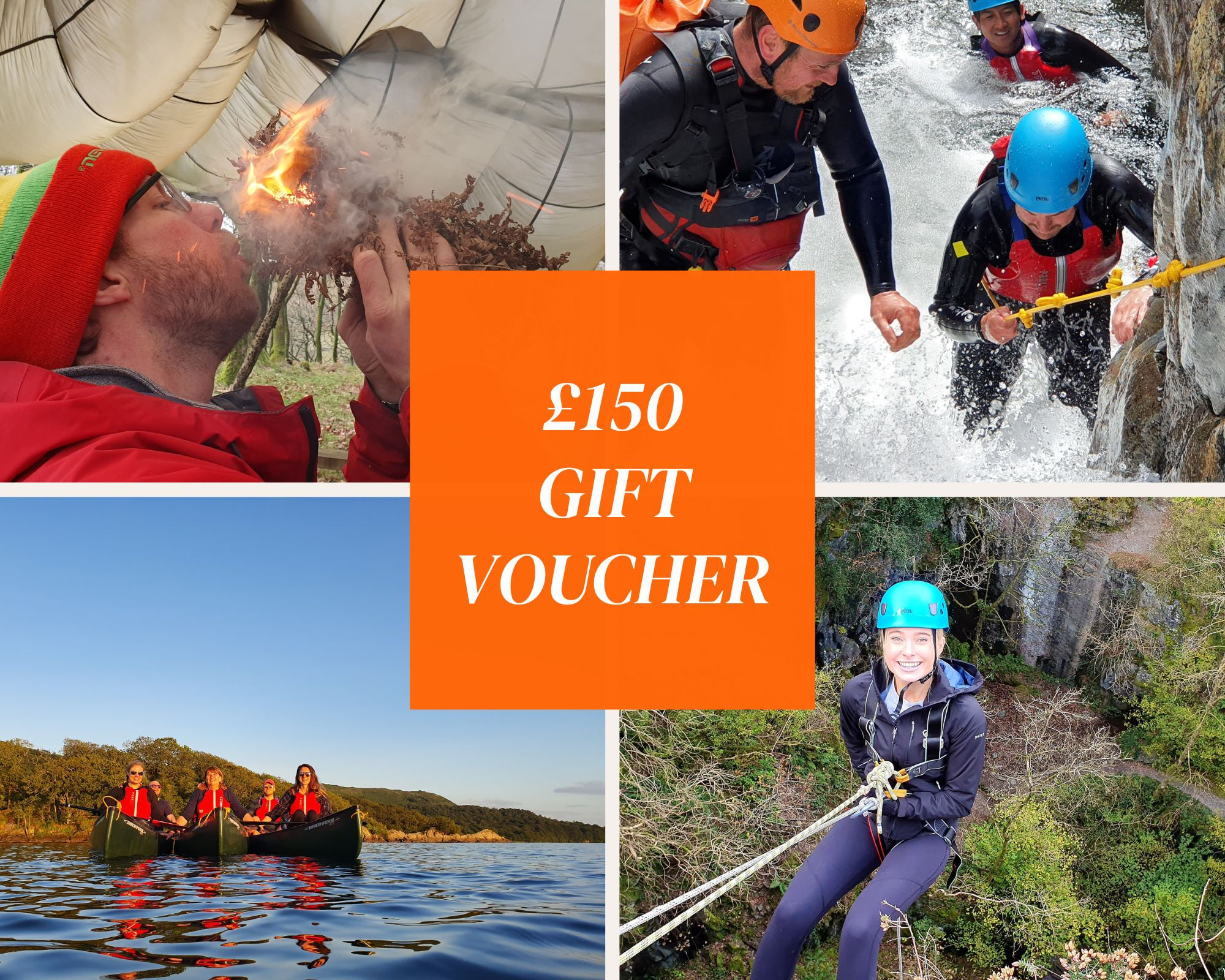 Text £150 Gift Voucher on a collage of outdoor activity pictures.