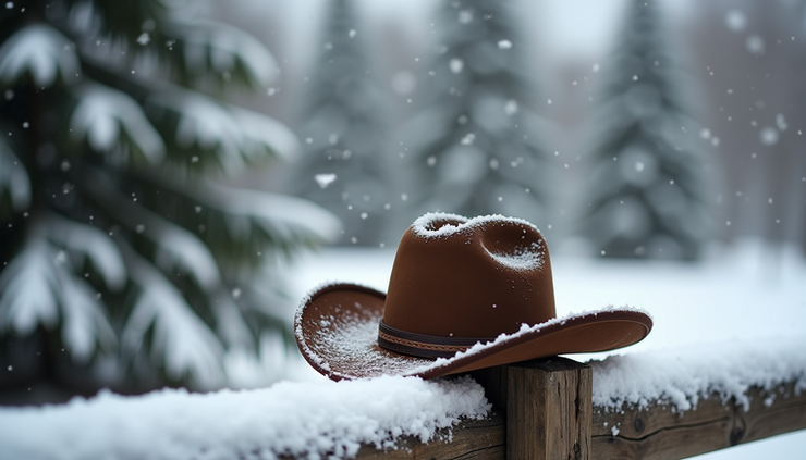 Eye-level view of a vintage cowboy hat resting on a wooden fence with snowy pine trees in the background