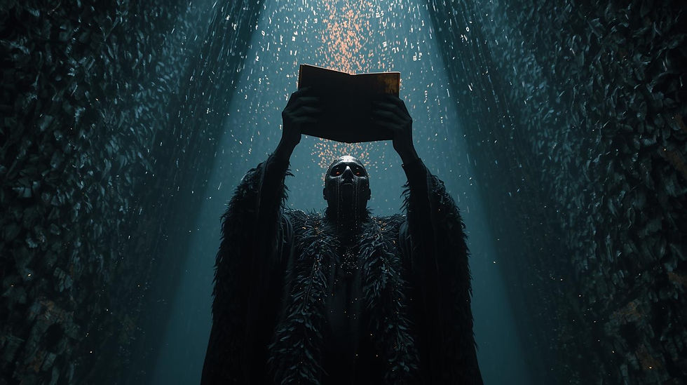 A towering figure in a feathered black robe stands under a shaft of light, lifting an open book as ember-like letters fall around him; a waxy mask glows, turning a cavern of dark feathers into a cathedral of dread.
