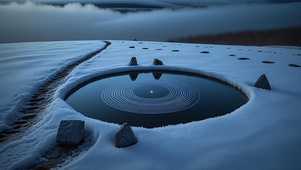 Snowy Appalachian ridge at night with a single path curving toward a circular ice pool. Concentric ripples glow on the water. Three small cairns sit around the rim, and a wider ring of scattered stones has a deliberate gap. Low fog hangs over the distant slope.