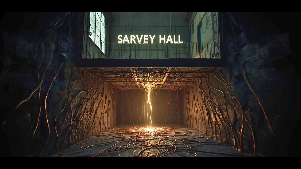 Cutaway beneath Sarvey Hall reveals a hidden chamber laced with vein-like cables; a thin vertical seam of light drops from the ceiling into a glowing knot on the floor, suggesting the Shadow Realm rooting under the building.