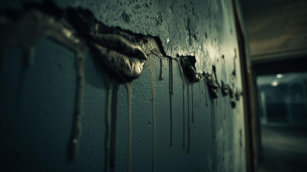 lose-up of a dorm hallway wall where blistered paint bulges into faint lip-shaped impressions; damp streaks drip downward; background corridor out of focus and dim.