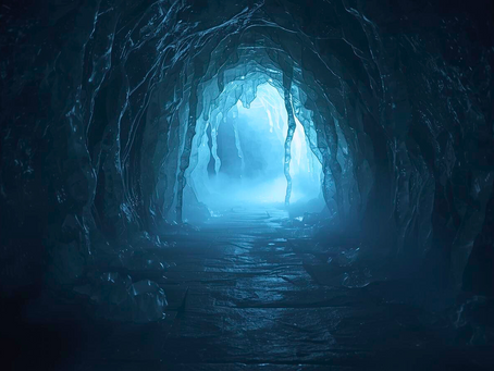 A blue-lit tunnel with wet, translucent walls and icicle-like tendrils, mist pooling at the far end over a slick stone path—an eerie gateway into the Shadow Realm.