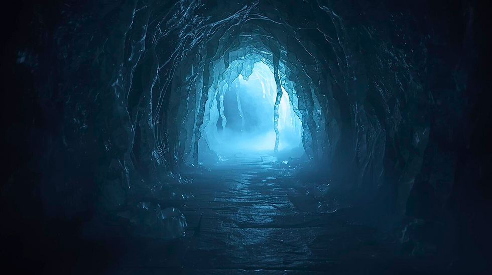 A blue-lit tunnel with wet, translucent walls and icicle-like tendrils, mist pooling at the far end over a slick stone path—an eerie gateway into the Shadow Realm.
