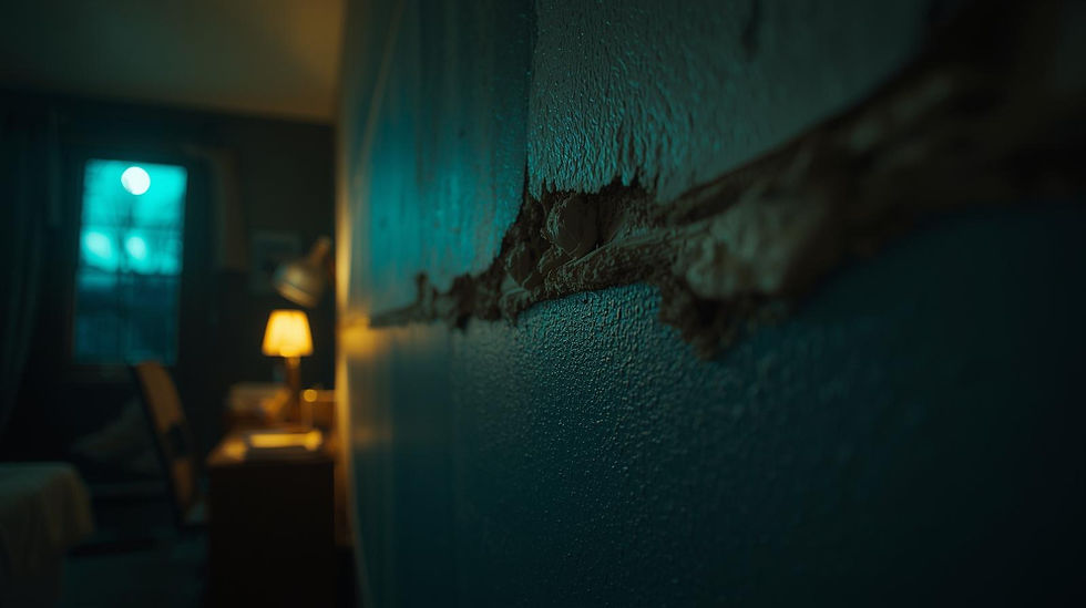 Close-up of a dorm wall at night with a long, gouged seam bulging as if something crawls inside; teal moonlight and a lone desk lamp blur in the background.