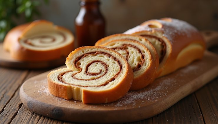 Close-up view of a freshly baked cinnamon swirl bread on a wooden cutting board