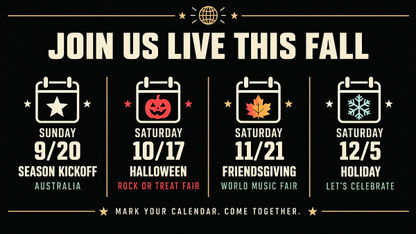 FunikiJam live fall 2026 schedule with World Music Fair events on September 20, October 17, November 21, and December 5.