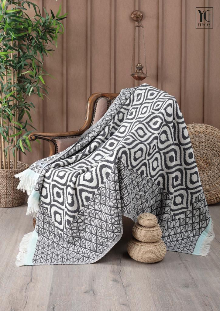 YENGAS Sofadecke, 130x170 cm, 100% Baumwolle, Oeko TEX, anthrazit/mintgrün