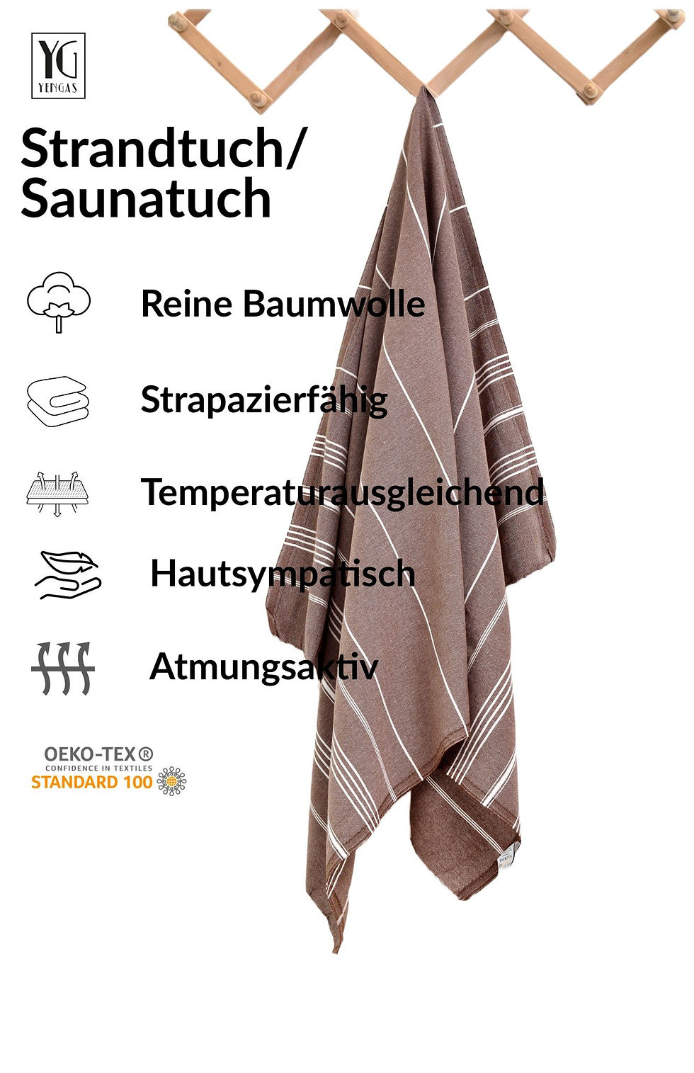 Miniaturbild: YENGAS Strand-/Saunatuch, 95x175cm, 100% Baumwolle, Oeko TEX Zertifiziert, braun