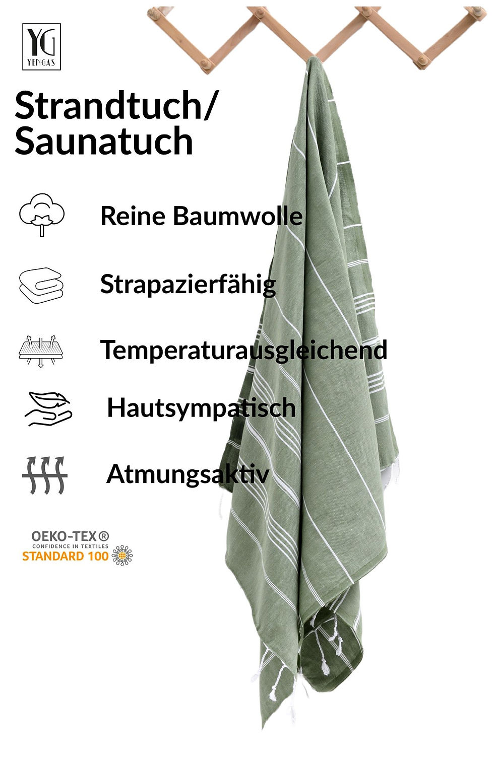 Miniaturbild: YENGAS Strand-/Saunatuch, 95x175cm, 100% Baumwolle, Oeko TEX Zertifiziert, grün