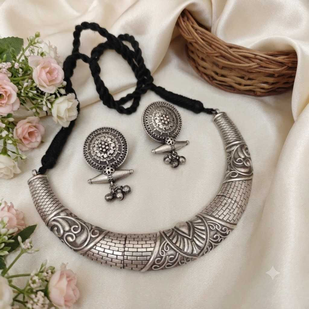 BHAVYAA Handcrafted Oxidized Silver Textured Hasli Choker with Dori & Studs fusion vogue
