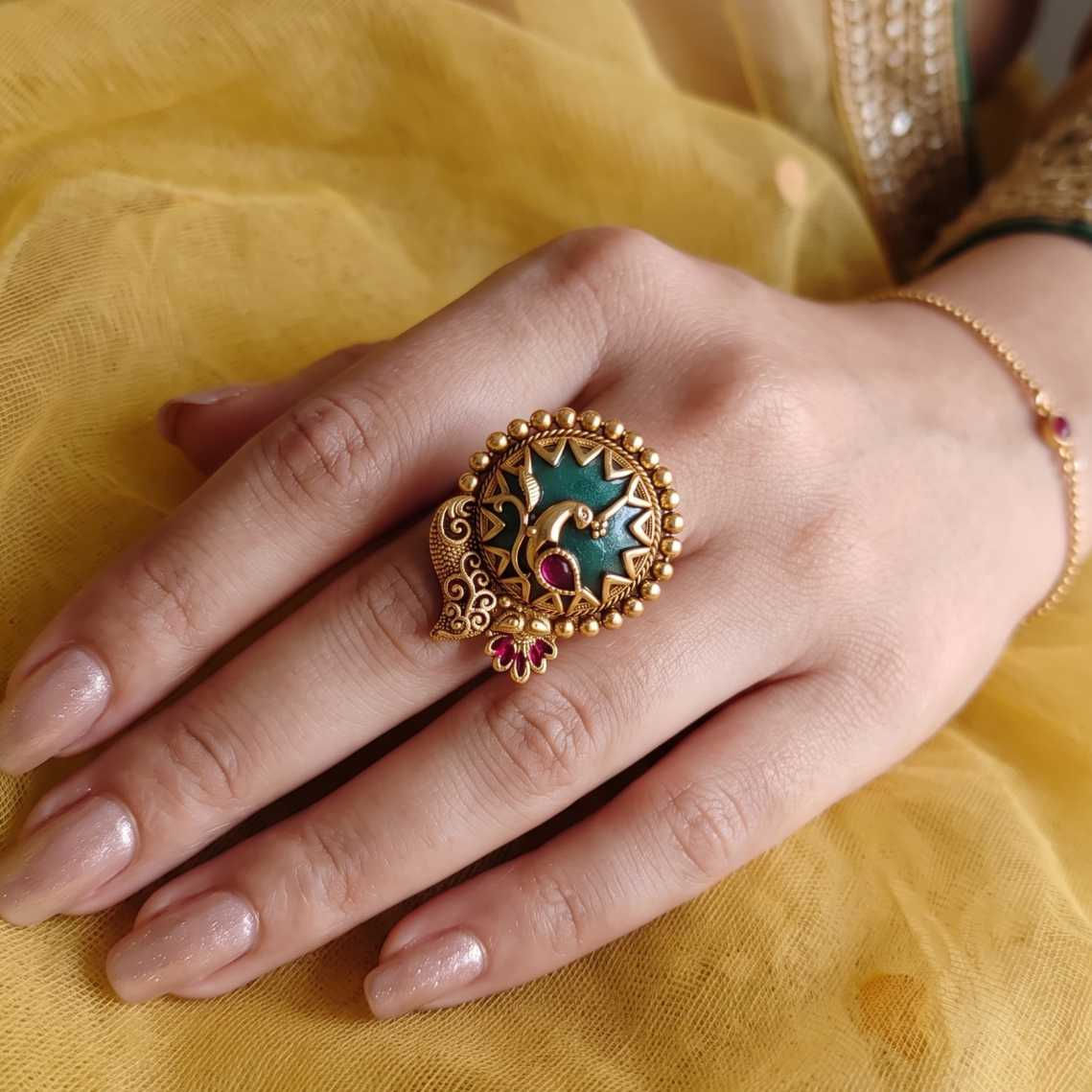 Classic Peacock Motif Adjustable Statement Ring