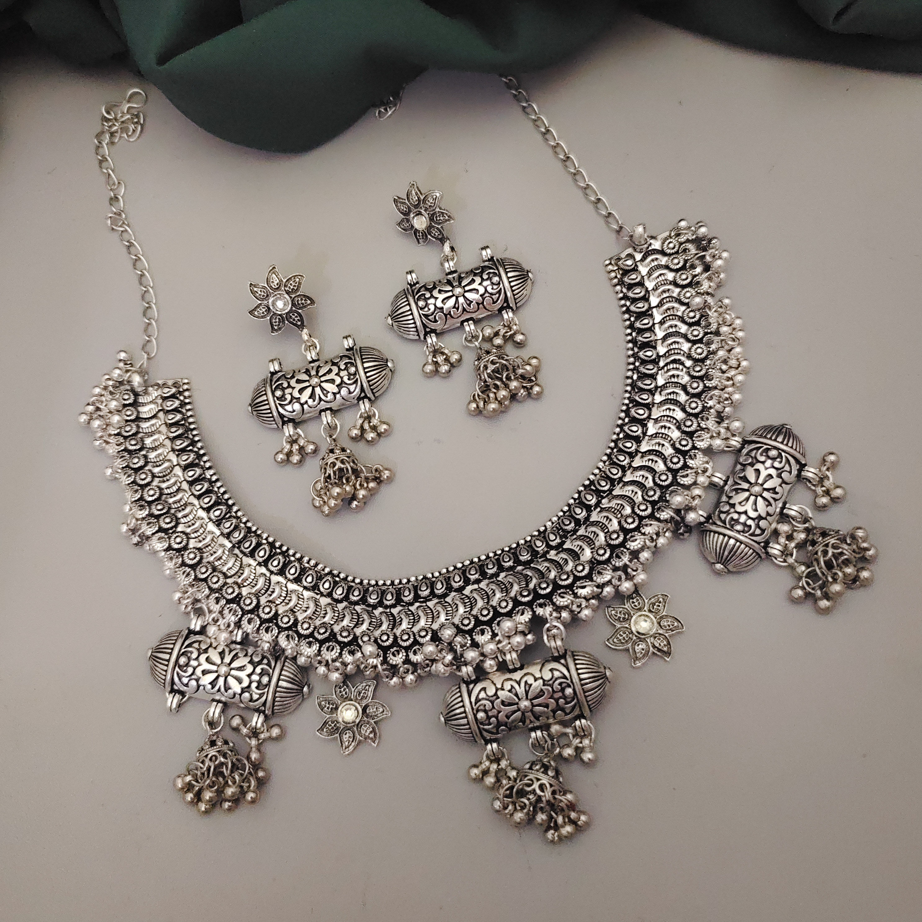 Oxidised Fusion Jantar Choker Necklace Earrings Set 