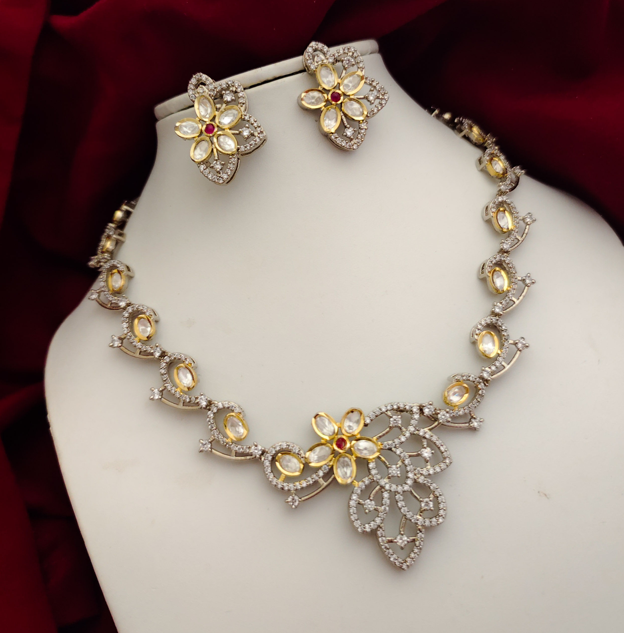 American diamond Dak Polki statement necklace earrings set 