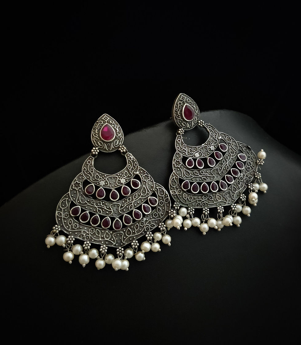 Silver Lookalike Chandbali Earrings- Pink