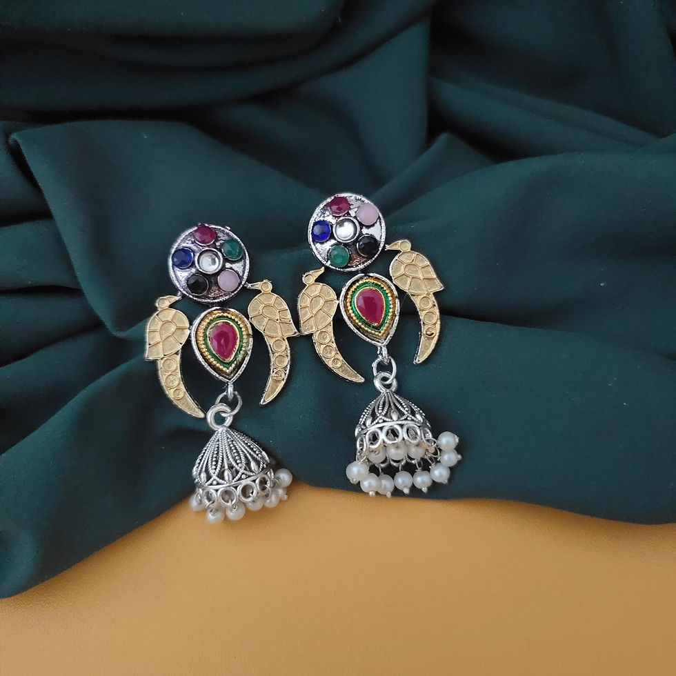 Thumbnail: Oxidised Two Tone Peacock Jhumki Earrings