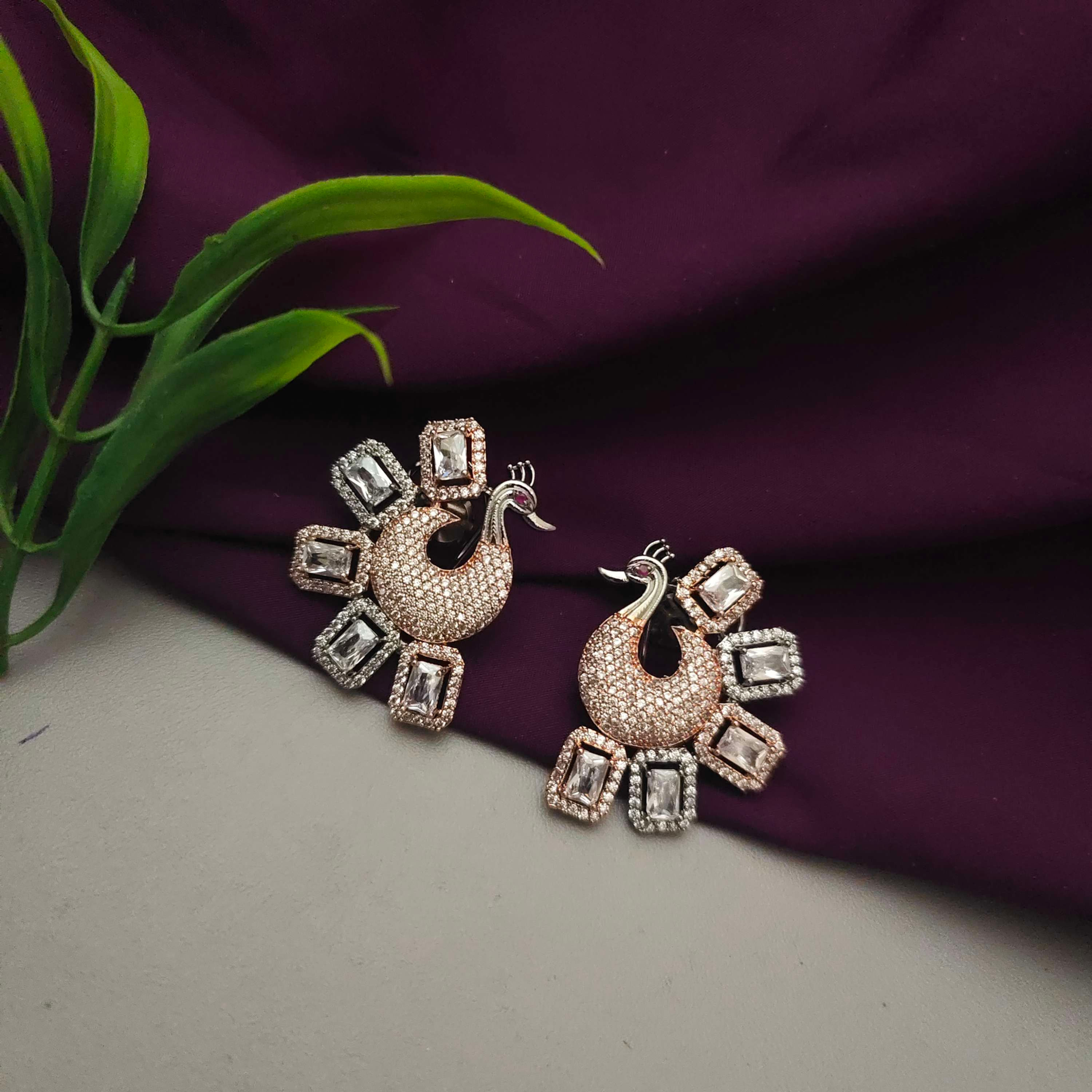 Semi Precious Stones CZ Peacock Earrings