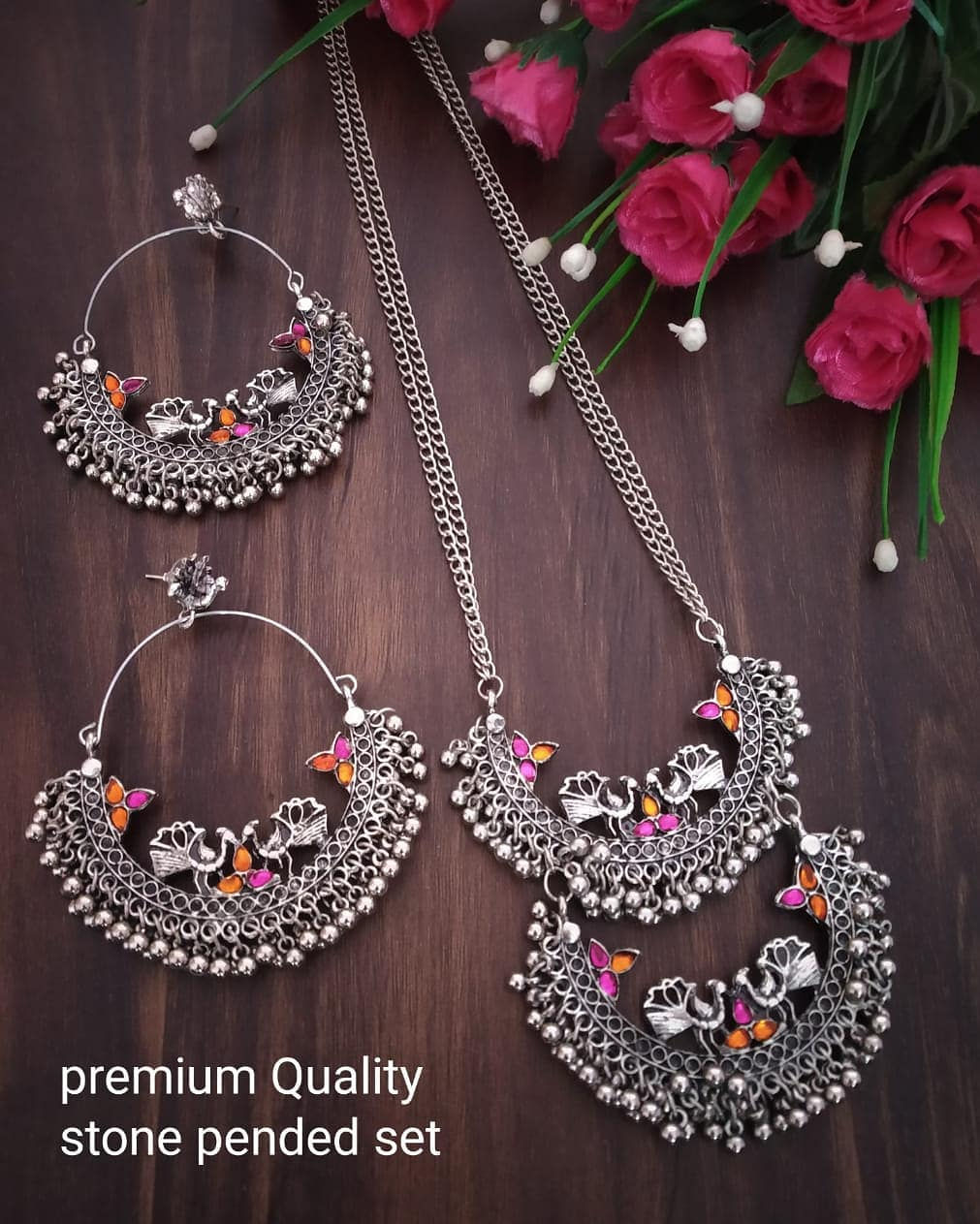 Stylish Pink Long Chain Necklace with Chandbali earrings