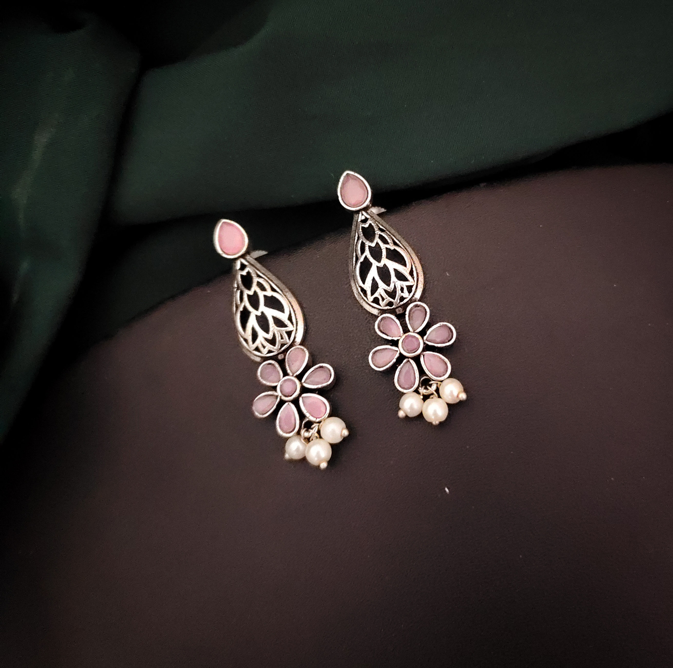 Silver Lookalike Stud Earrings - Pink
