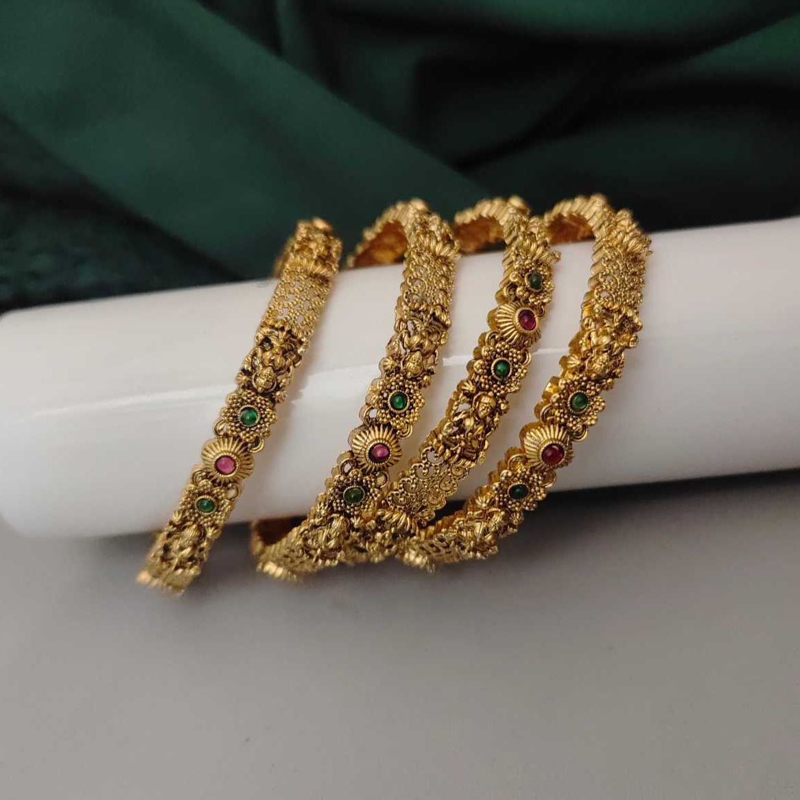 Antique Matte Gold Temple Kada Pair with Ruby & Emerald Stones fusion vogue