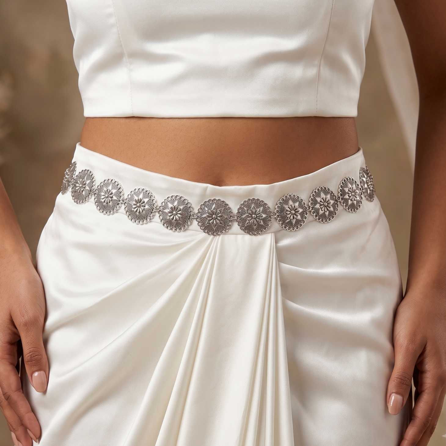 Traditional Interlocking Floral Medallion Oxidized Silver Kamarband / Waist Belt fusion vogue